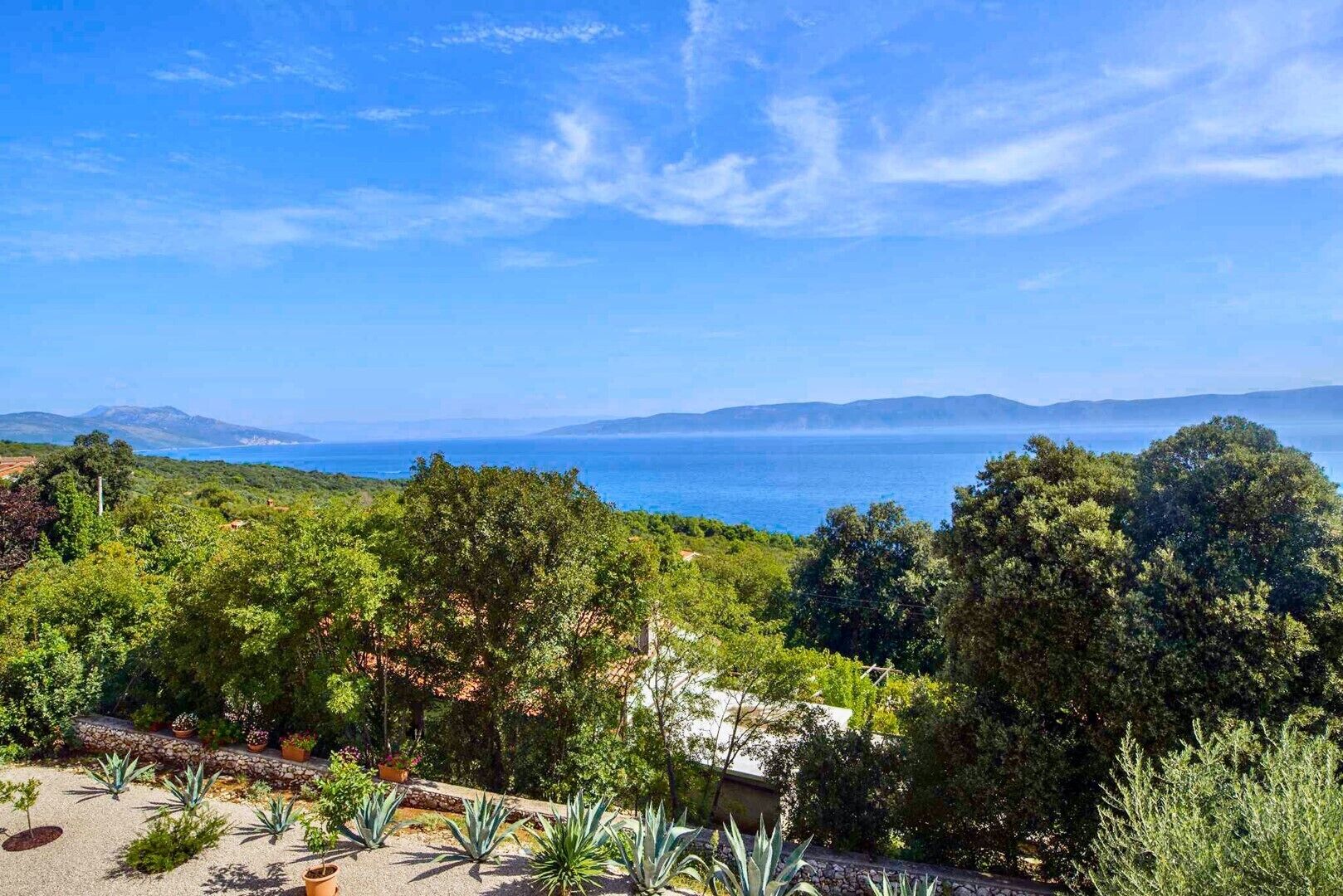 A coastal landscape with dense greenery and a view of the sea.
