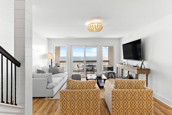 TV, offices - Gulf-Front Retreat w/ Stunning Views, Private Beach Access, & Community Pool (Panama City Beach)