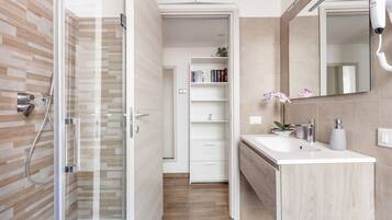 Shower, hair dryer, bidet, towels