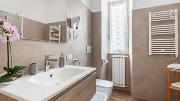 Shower, hair dryer, bidet, towels