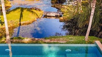 Piscina all'aperto, ombrelloni da piscina, lettini