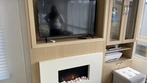 Un salon moderne doté d’un téléviseur à écran plat, d’une cheminée et d’armoires encastrées.