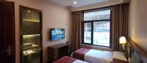 Desk, laptop workspace, blackout curtains, soundproofing