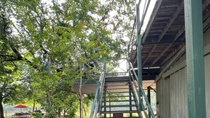 Un escalier menant à une zone abritée, dotée d’une rambarde en métal, et entouré de verdure ainsi que d’un chemin pavé.