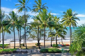 Una spiaggia con palme, un sentiero sabbioso e vista sull'oceano.