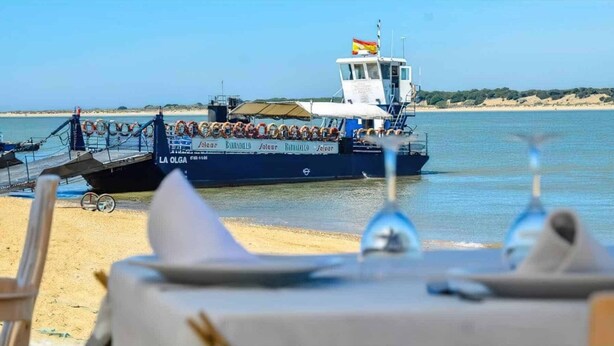 A boat with people on board, a sandy beach, and a clear sky. - Beachfront apartment with terrace  (Sanlúcar de Barrameda)