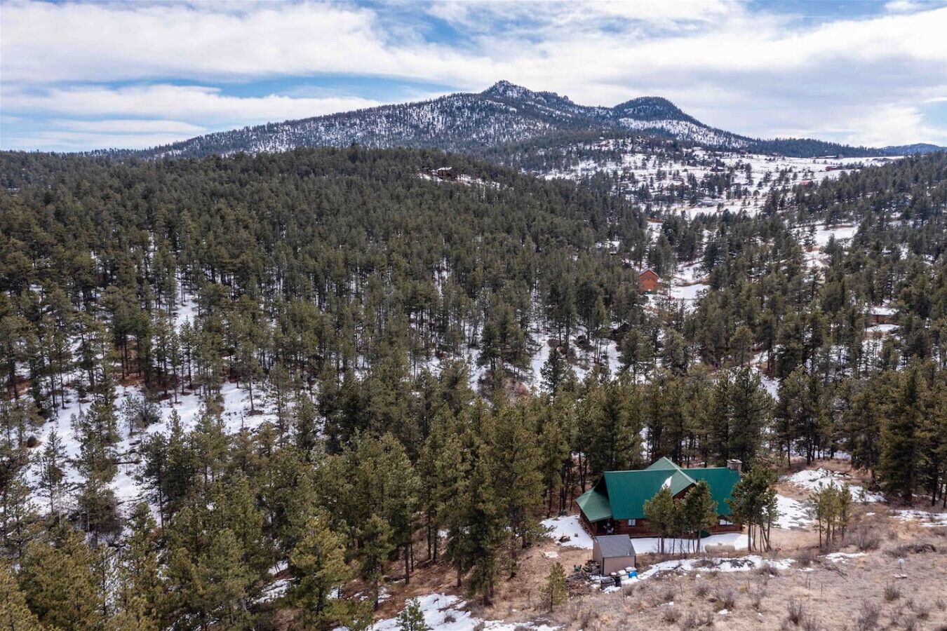 A cabin surrounded by dense forest and snow-covered mountains.