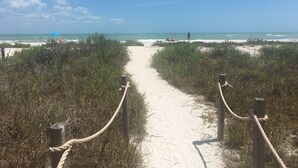 A sandy beach path leading to the ocean, surrounded by dense vegetation and wooden posts.