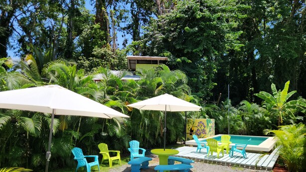 An outdoor seating area with colorful chairs and umbrellas, surrounded by lush greenery and a pool. - Family Hotel (Cahuita)