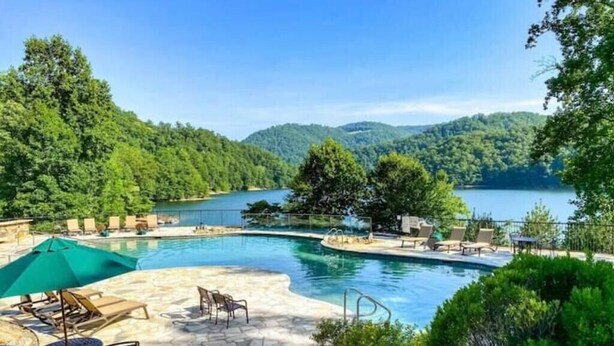 Outdoor pool, a heated pool - Amazing views at L’Oursière in Bear Lake Reserve, from the new  hot tub. (Tuckasegee)