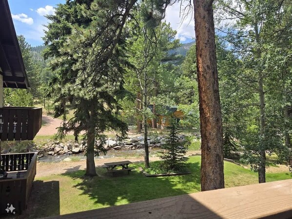 Una cabaña con mesa de picnic y vista a un área boscosa con arroyo y montaña al fondo.