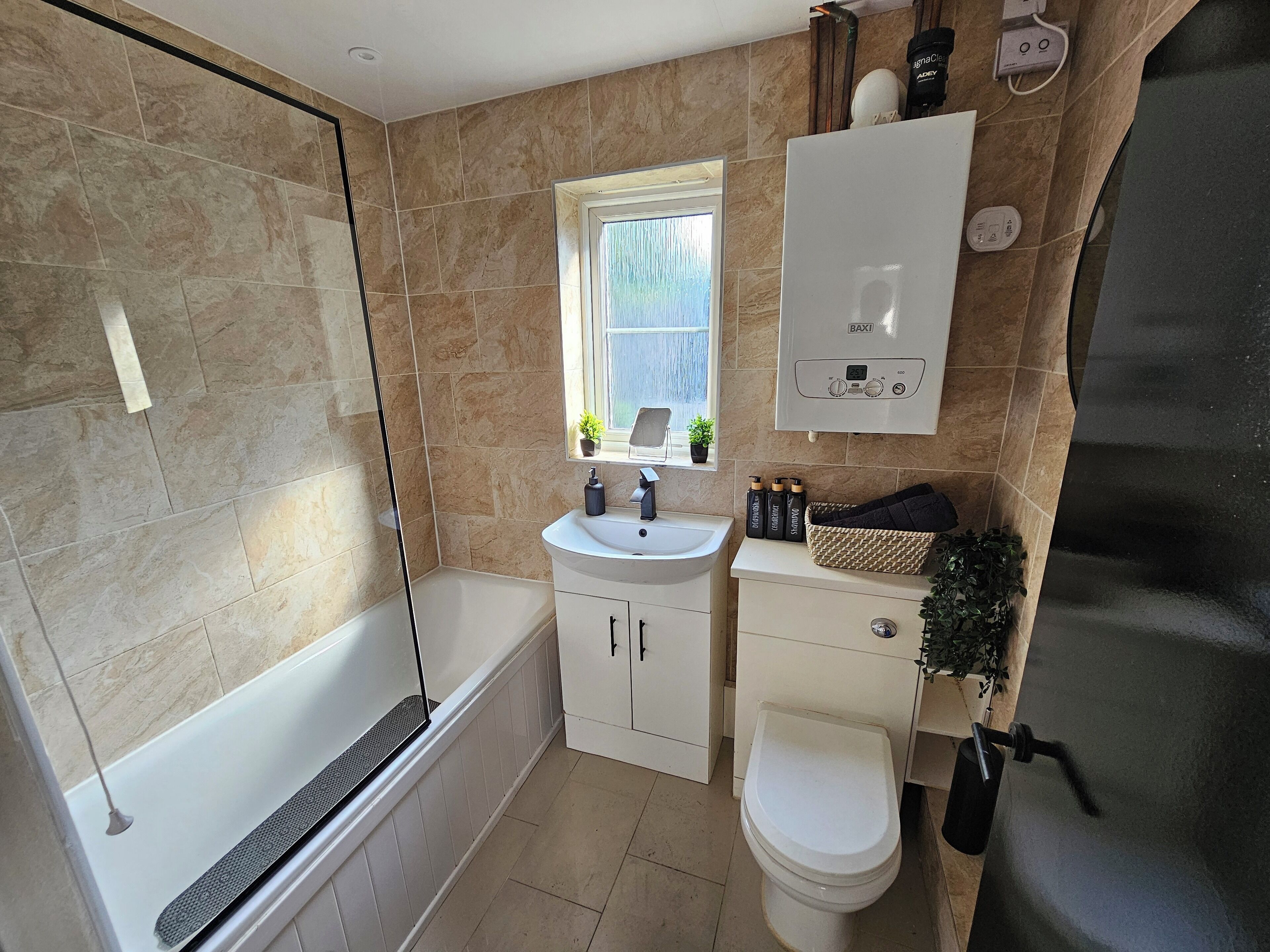 Hair dryer, towels, soap, shampoo