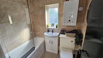 Hair dryer, towels, soap, shampoo