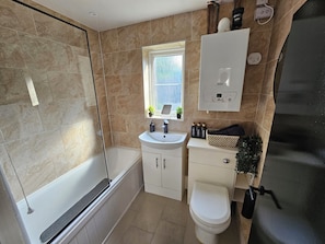 Hair dryer, towels, soap, shampoo