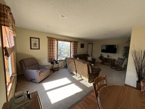 Smart TV, fireplace, ping pong, books