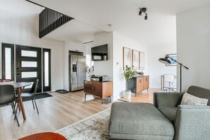 Smart TV, fireplace, video games, music library