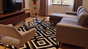 Una sala de estar moderna con un televisor de pantalla plana, un sofá, una mesa de centro y una alfombra estampada.