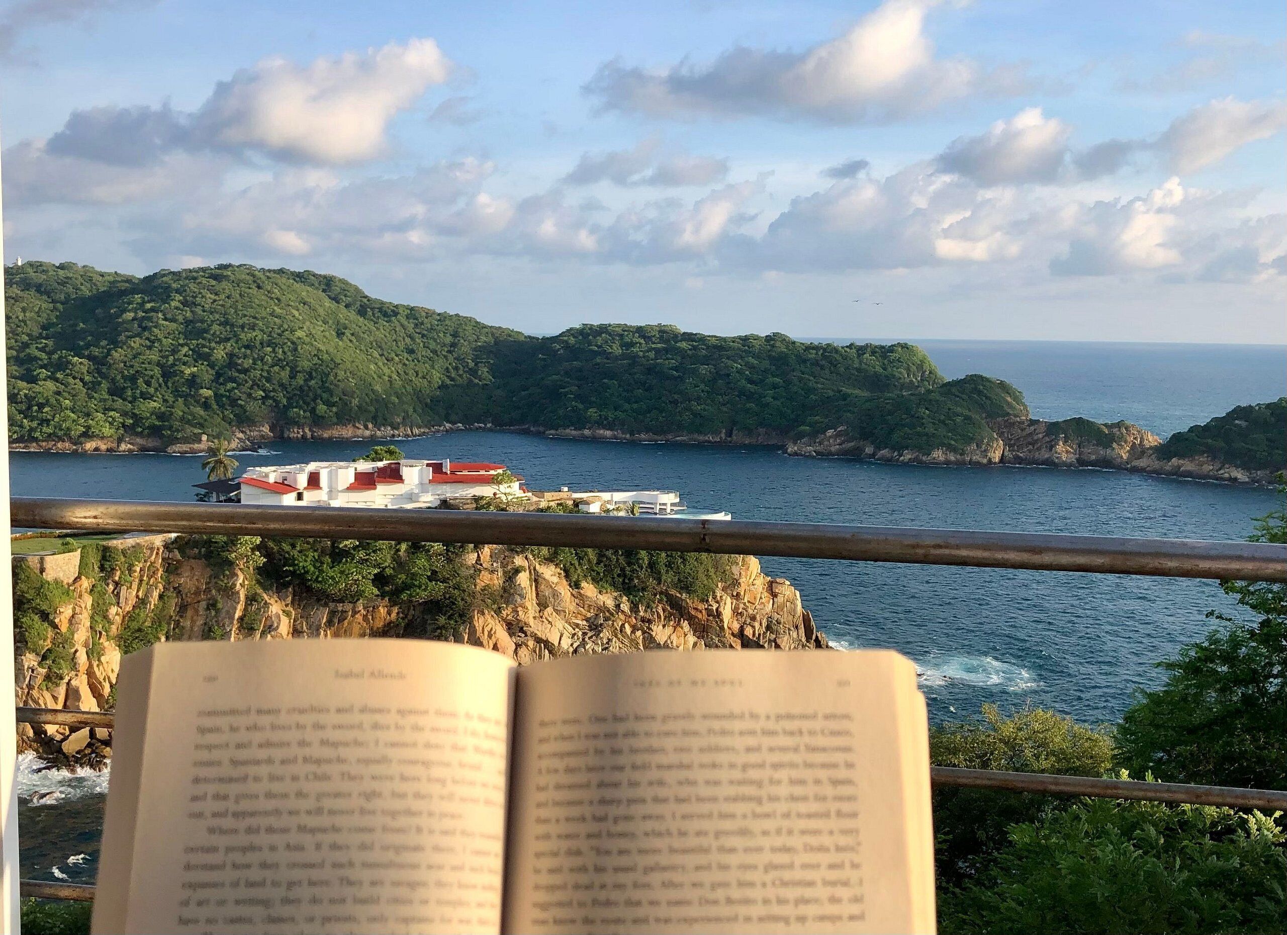 Vista costera con barandilla, un libro y un edificio con tejados rojos.