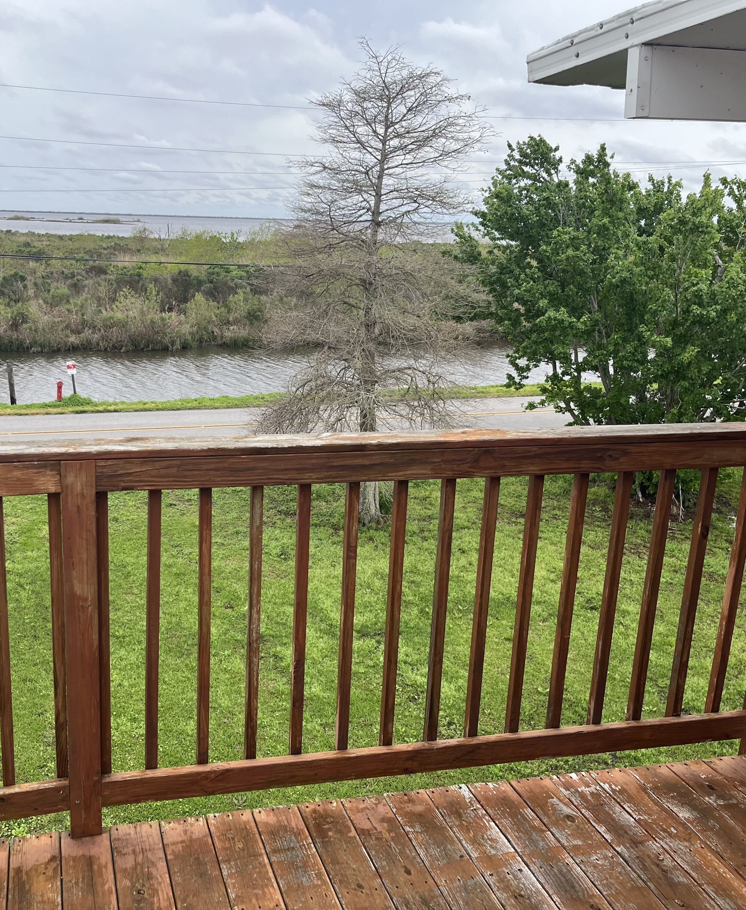 Una terraza de madera con vistas a un río y árboles.