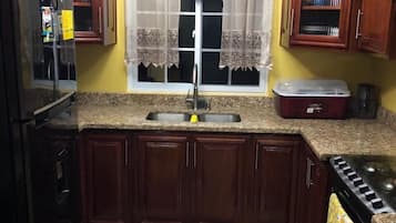 Electric kettle, blender, cookware/dishes/utensils, paper towels