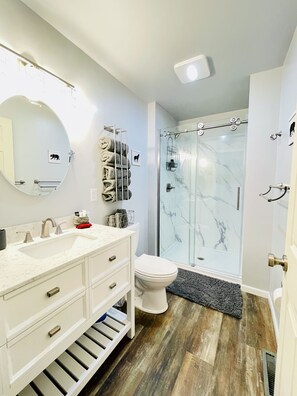 Douche, séchoir à cheveux, serviettes fournies