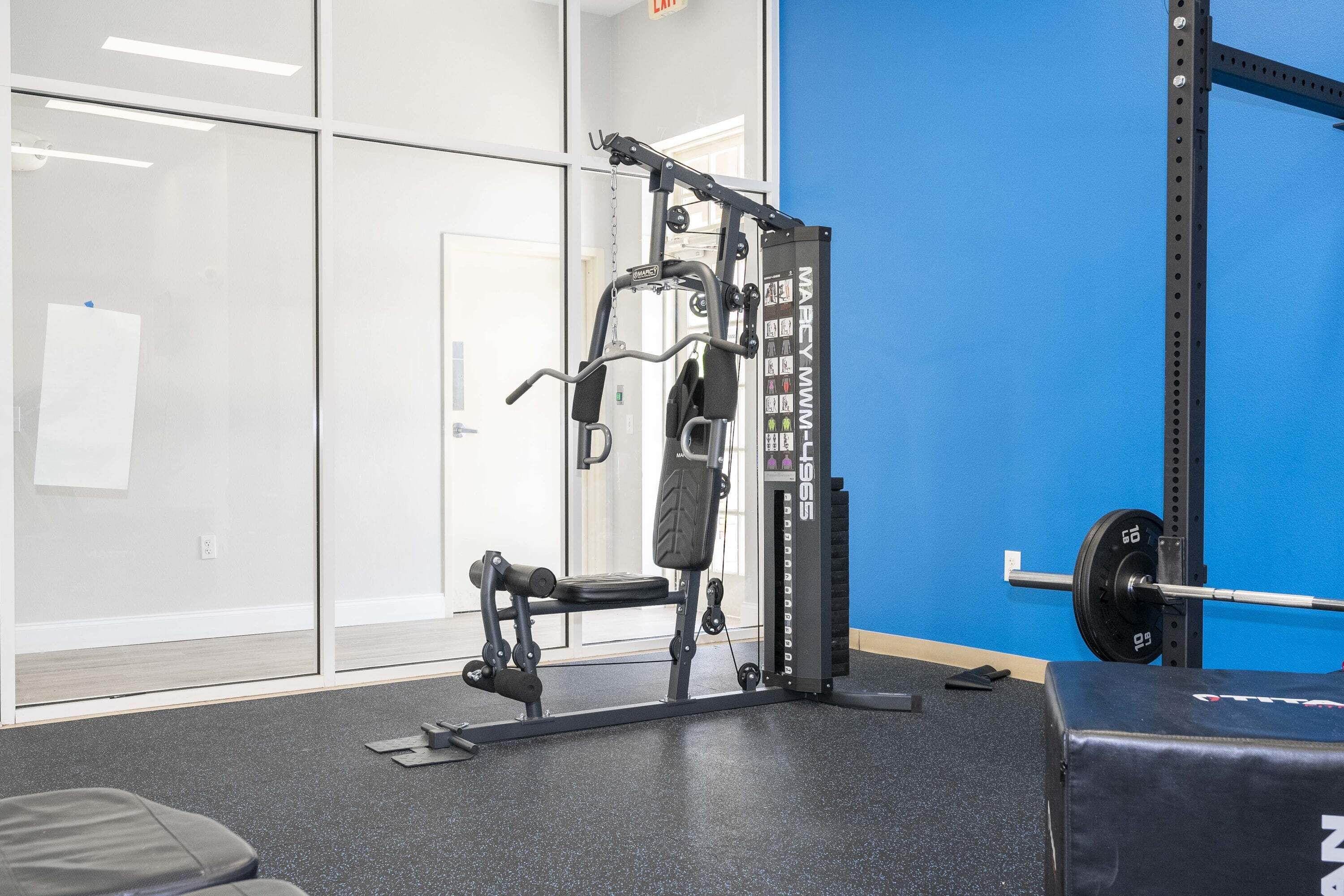 A gym with a squat rack, bench press, and weight plates.