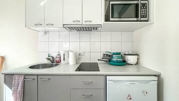 Fridge, microwave, stovetop, cookware/dishes/utensils