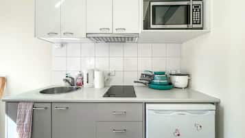 Fridge, microwave, stovetop, cookware/dishes/utensils