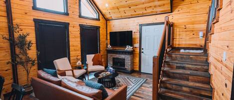 Smart TV, fireplace, books
