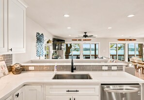 A modern kitchen with white cabinetry, a stainless steel sink, and a dishwasher.