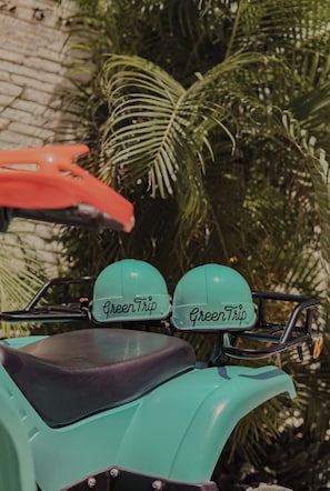 A teal scooter with "Green Trip" stickers on the handlebars.