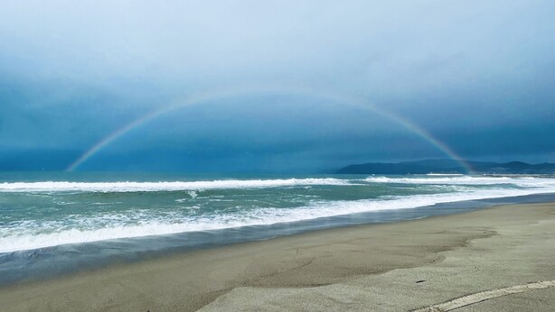 A beach with a double rainbow over the ocean. - Ocean Mountain Island Views Guesthouse Along Trail (Ventura)