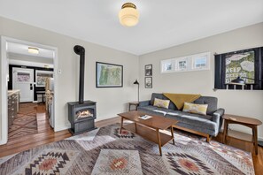 Smart TV, fireplace, books