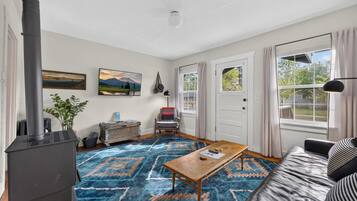 Smart TV, fireplace, books
