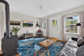 Smart TV, fireplace, books