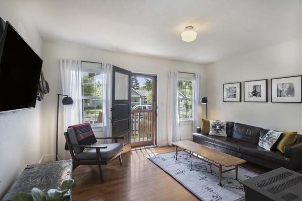 Smart TV, fireplace, books