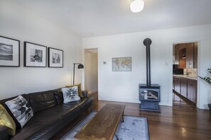 Smart TV, fireplace, books