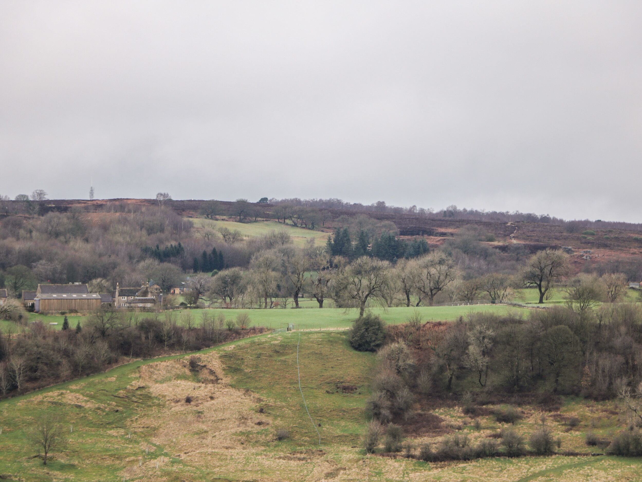 A rural landscape with rolling hills, sparse trees, and a few buildings in the distance.