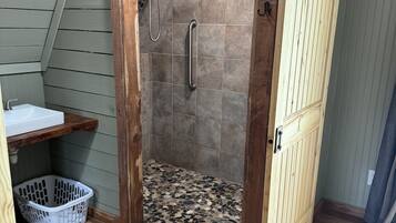 Shower, towels, soap, shampoo