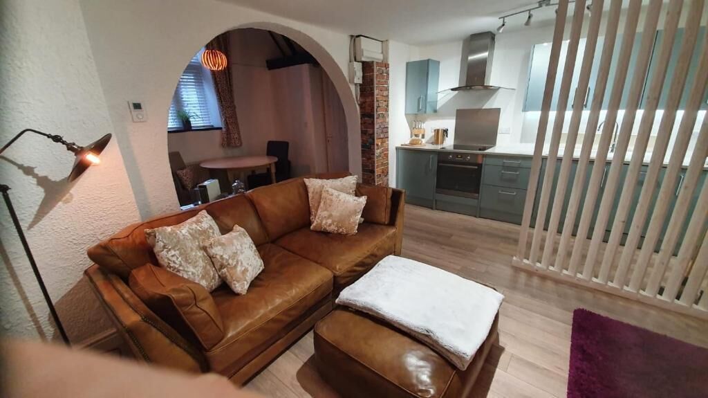 A living room with a brown leather sofa, a white throw blanket, and a purple rug. There is a kitchen in the background with modern appliances and cabinets.
