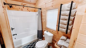 Hair dryer, towels, soap, toilet paper