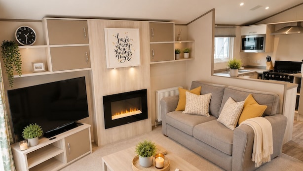 A modern living room with a flat-screen TV, a fireplace, a sofa with cushions, a coffee table with books and candles, and a kitchen area in the background. - Bird Lake Pastures 2 Bedrooms 2 Baths  (Northampton)