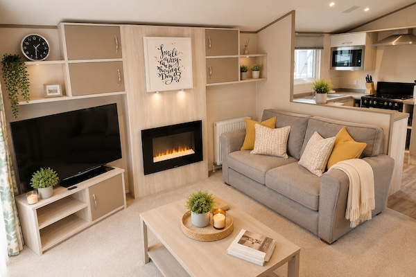 Casa móvil de lujo, 2 habitaciones, no fumadores | Zona de estar | Smart TV de 50 pulgadas con canales digitales, una chimenea