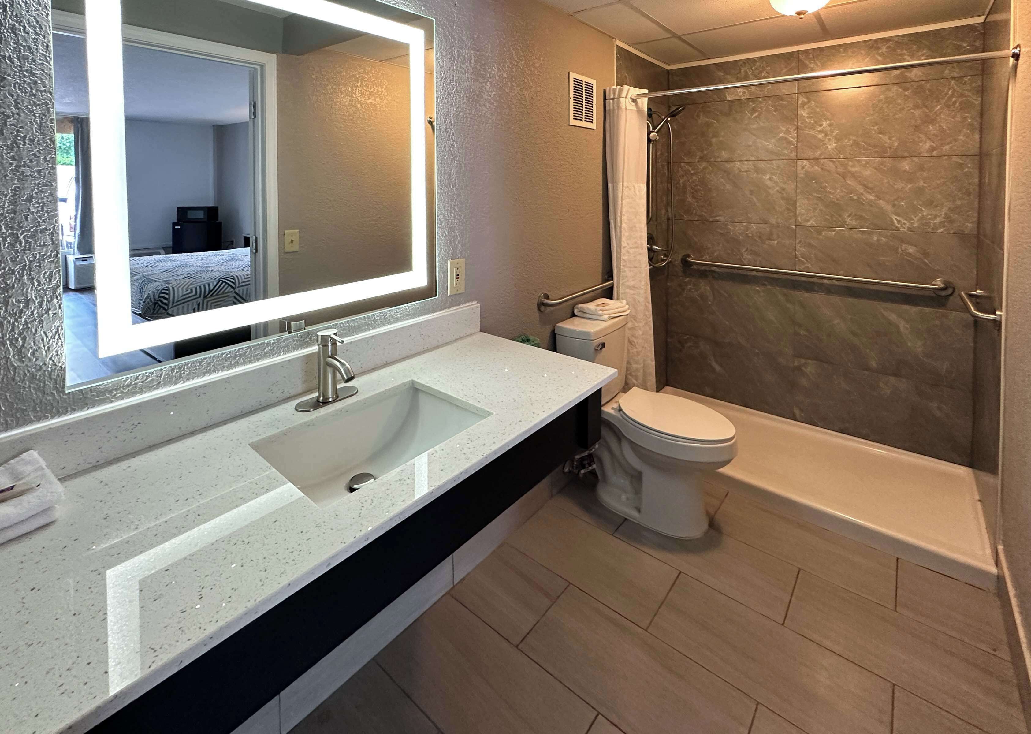 A modern bathroom with a large mirror, a sink, a toilet, and a walk-in shower.