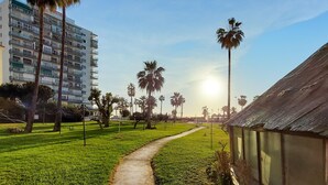 Un sendero en un parque con palmeras y un edificio con balcones.
