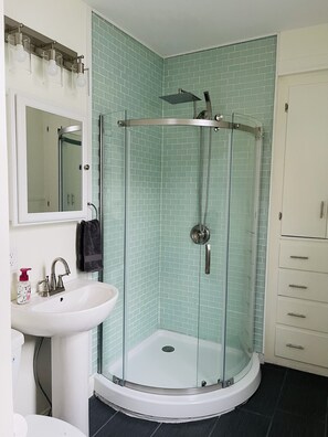 Shower, hair dryer, towels, soap