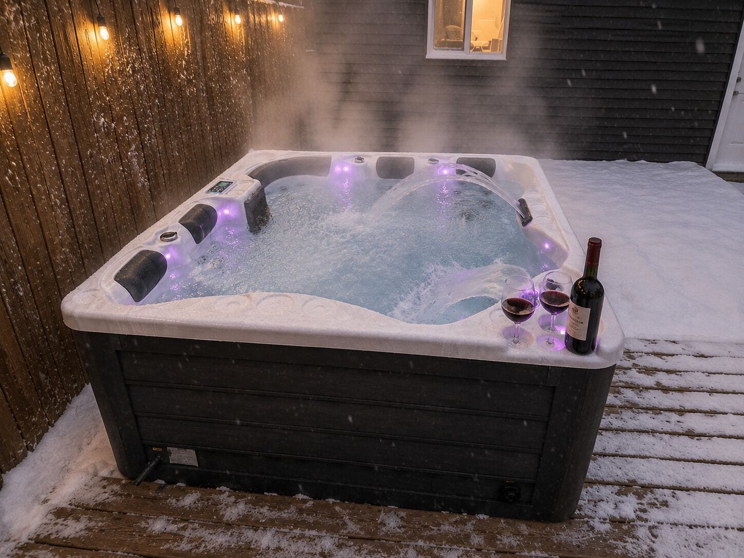 A hot tub with a control panel, surrounded by snow, and a bottle and glasses on the side.