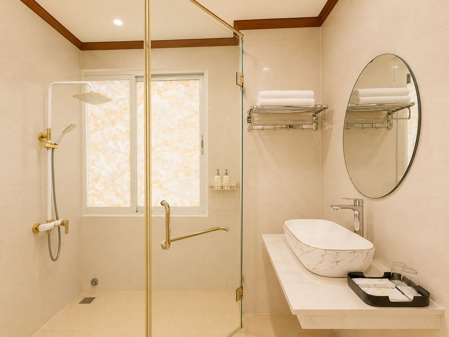 A modern bathroom with a glass-enclosed shower, a marble sink, a towel rack, and a mirror.