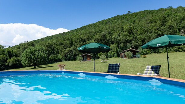 A swimming pool with two umbrellas, a small building, and a hillside in the background. - Chalet 'D'alpion' with Shared Pool, Private Terrace and Shared Garden (LES TOURRETTES)