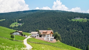 Ländliche Szenerie mit einem Haus und einem Gästehaus an einem Hügel, umgeben von Wald.